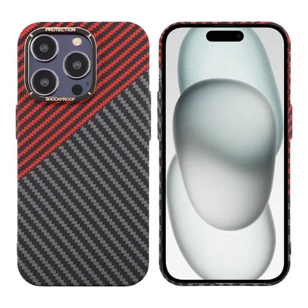 iPhone 15 Pro Cover Kulfibermønster Sort Rød