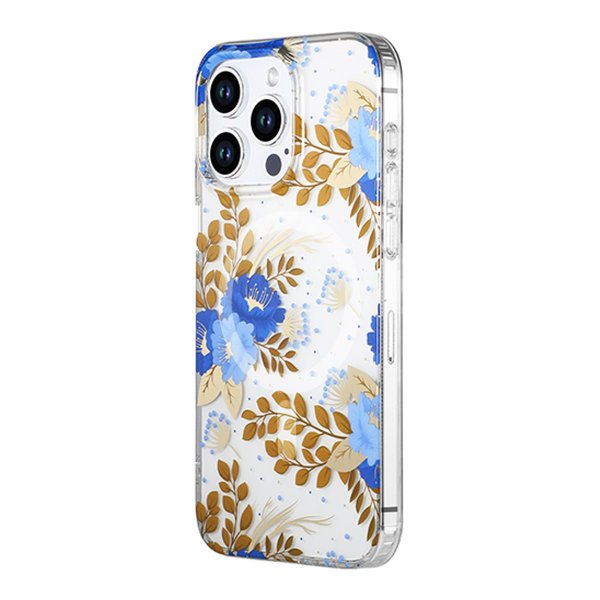 iPhone 15 Pro Cover Blommønster MagSafe Blå Guld