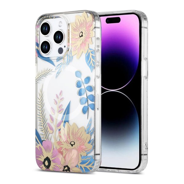 iPhone 15 Pro Cover Blomstermønster MagSafe Rosa Blå