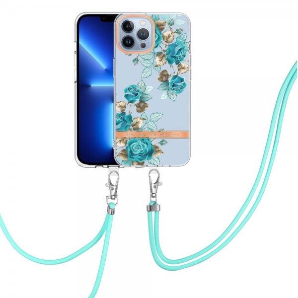 iPhone 15 Pro Cover Blomstermønster med Rem Blå Roser
