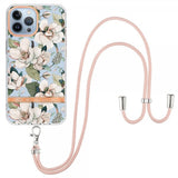 iPhone 15 Pro Cover Blomstermønster med Rem Grøn Gardenia