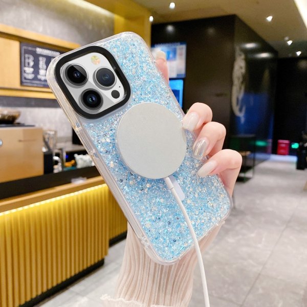iPhone 15 Pro Cover Glitter MagSafe Blå