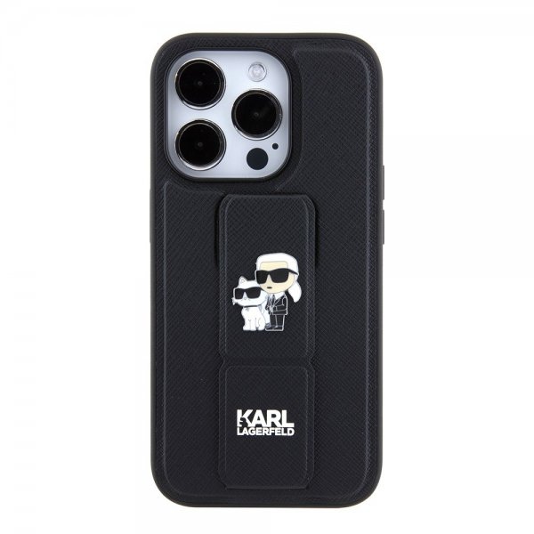 Karl Lagerfeld iPhone 15 Pro Cover Grip Stand Funktion Sort