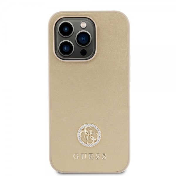 Guess iPhone 15 Pro Cover Metal Logo Strass Guld