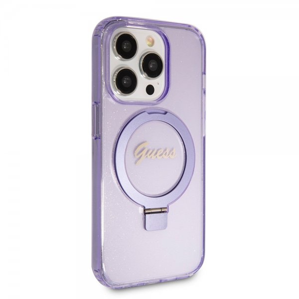 Guess iPhone 15 Pro Max Cover Ring Stand Glitter MagSafe Lilla