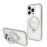 Guess iPhone 15 Pro Cover Ring Stand Glitter MagSafe Transparent