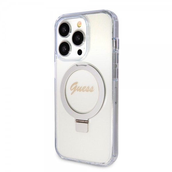 Guess iPhone 15 Pro Cover Ring Stand Glitter MagSafe Transparent
