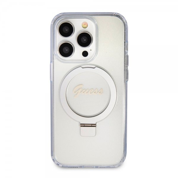 Guess iPhone 15 Pro Cover Ring Stand Glitter MagSafe Transparent