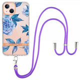 iPhone 15 Cover Blomstermønster med Rem Blå Pæon
