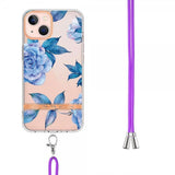 iPhone 15 Cover Blomstermønster med Rem Blå Pæon