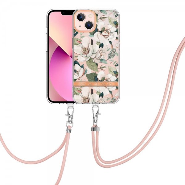 iPhone 15 Cover Blomstermønster med Strap Grøn Gardenia