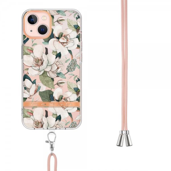 iPhone 15 Cover Blomstermønster med Strap Grøn Gardenia