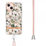 iPhone 15 Cover Blomstermønster med Strap Grøn Gardenia