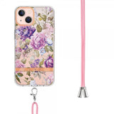 iPhone 15 Cover Blomstermønster med Strap Lilla Pæon