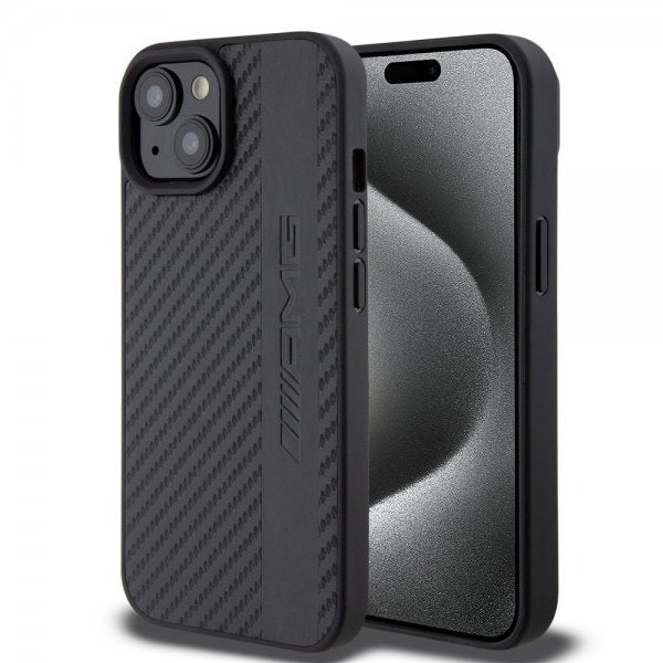 Mercedes Benz iPhone 15 Cover Carbon Effect Leather Stripe AMG Sort