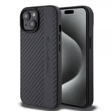 Mercedes Benz iPhone 15 Cover Carbon Effect Leather Stripe AMG Sort