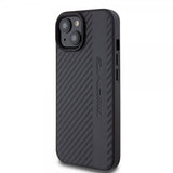 Mercedes Benz iPhone 15 Cover Carbon Effect Leather Stripe AMG Sort