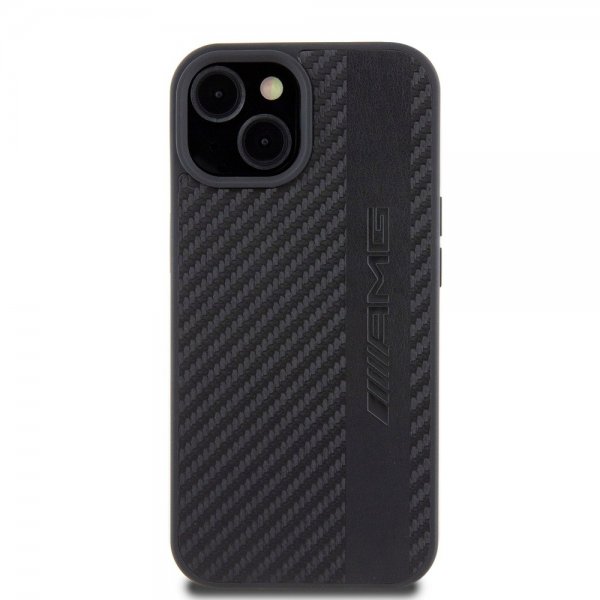 Mercedes Benz iPhone 15 Cover Carbon Effect Leather Stripe AMG Sort