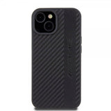 Mercedes Benz iPhone 15 Cover Carbon Effect Leather Stripe AMG Sort