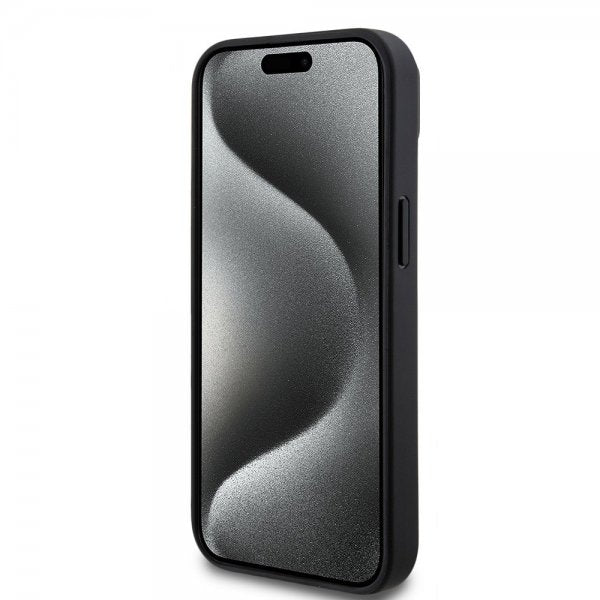 Mercedes Benz iPhone 15 Cover Carbon Effect Leather Stripe AMG Sort