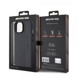 Mercedes Benz iPhone 15 Cover Carbon Effect Leather Stripe AMG Sort