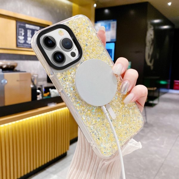 iPhone 15 Cover Glitter MagSafe Guld