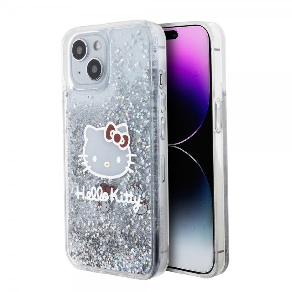 Hello Kitty iPhone 15 Cover Flydende Glitter Gennemsigtig