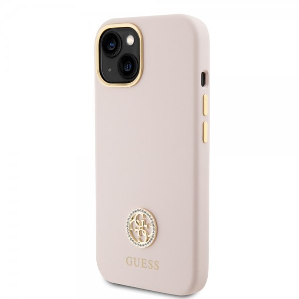 Guess iPhone 15 Cover Liquid Silicone Metal Logo Rosa