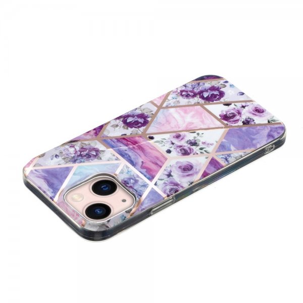iPhone 15 Cover Marmormønster Blomster Lilla