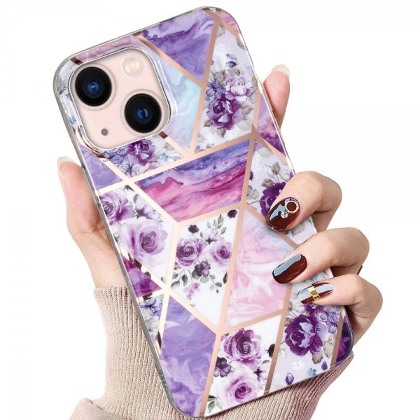 iPhone 15 Cover Marmormønster Blomster Lilla