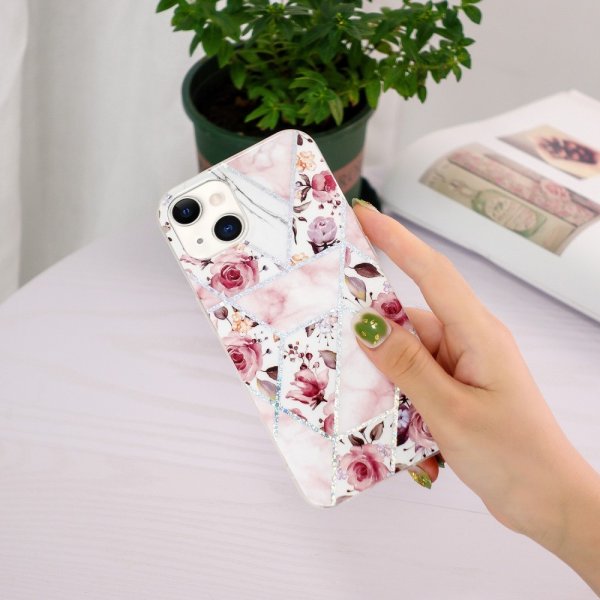 iPhone 15 Cover Marmormønster Roser Pink