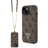 Guess iPhone 15 Cover Metal Logo Rhinestone Crossbody Rem Brun