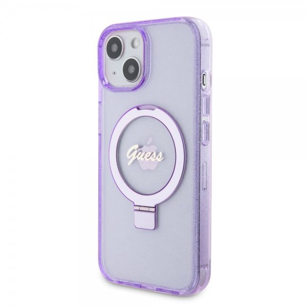Guess iPhone 15 Cover Ring Stand Glitter MagSafe Lilla