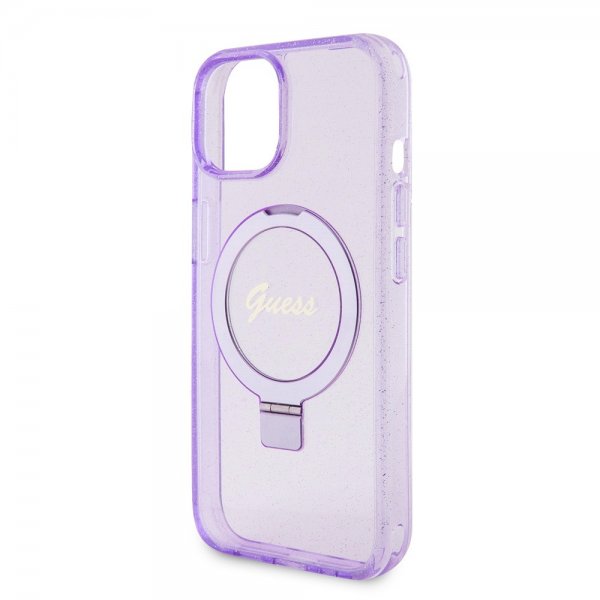 Guess iPhone 15 Cover Ring Stand Glitter MagSafe Lilla