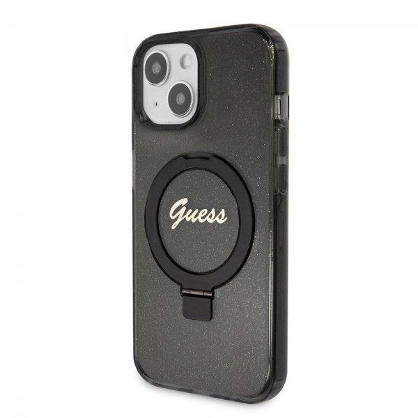 Guess iPhone 15 Cover Ring Stand Glitter MagSafe Sort