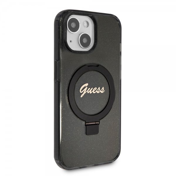 Guess iPhone 15 Cover Ring Stand Glitter MagSafe Sort