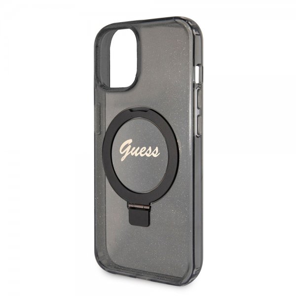 Guess iPhone 15 Cover Ring Stand Glitter MagSafe Sort