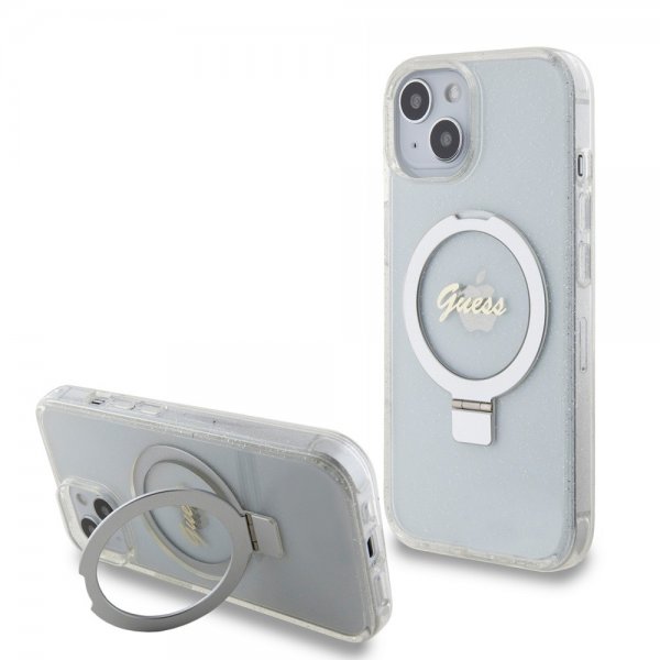 Guess iPhone 15 Cover Ring Stand Glitter MagSafe Transparent