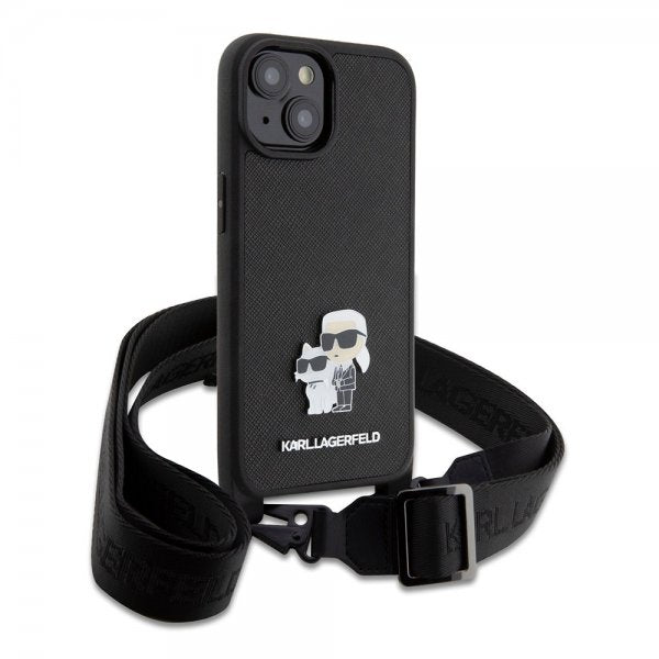 Karl Lagerfeld iPhone 15 Cover Saffiano Karl & Choupette Crossbody Sort