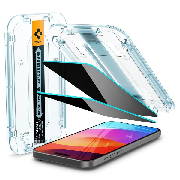 Spigen iPhone 15/iPhone 16 Skærmbeskyttelse GLAS.tR EZ Fit Privacy 2-pak