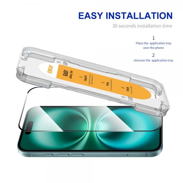 Enkay iPhone 16 Plus Skærmbeskyttelse med Monteringsramme Easy Install