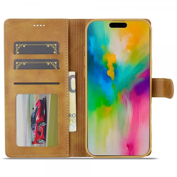 Lc.Imeeke iPhone 16 Pro Cover med Kortlomme og Stativfunktion Lysebrun