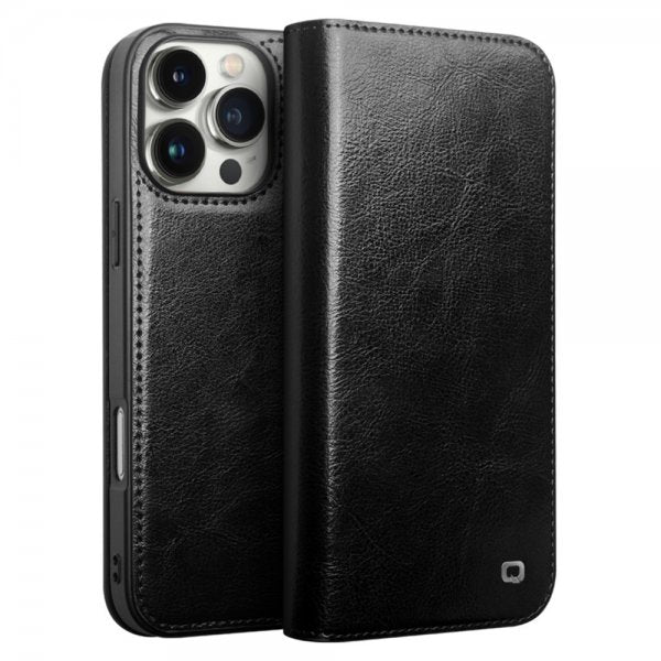 Qialino iPhone 16 Pro Max Etui Ægte Læder Sort