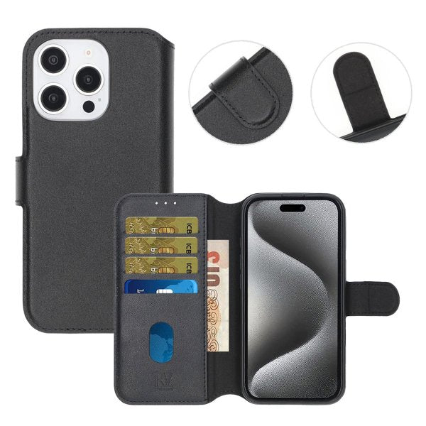 Rvelon iPhone 16 Pro Cover Ægte læder Kortlomme Sort