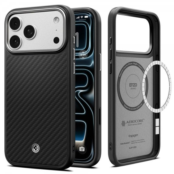 Spigen iPhone 17 Pro Max Cover Enzo Aramid T MagFit Sort Sølv