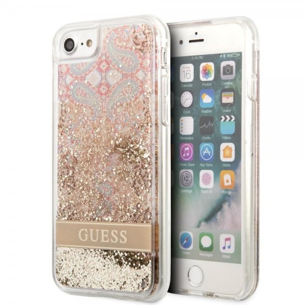 Guess iPhone 7/8/SE Cover Liquid Glitter Paisley Mønster Guld