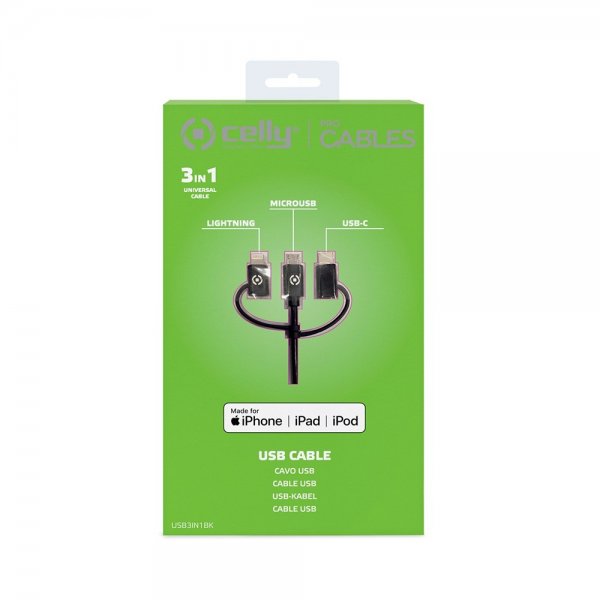 Celly Kabel 3i1 Micro-USB/USB-C/Lightning 1m Sort