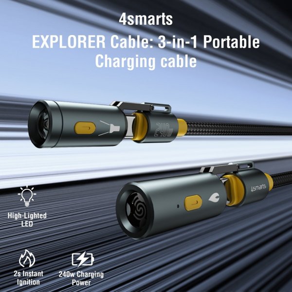4smarts Kabel 3in1 USB-C Set Explorer 240W 1.5m Sort