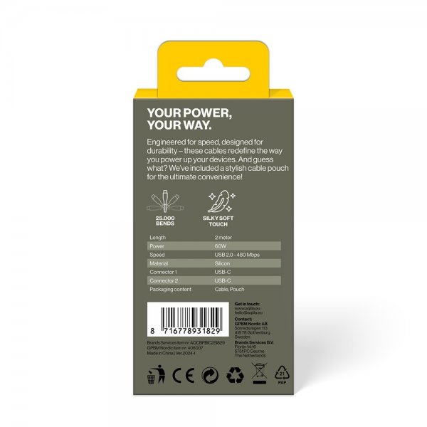 Aqiila Kabel Cablebird CS12 USB-C til USB-C 60W 2m Hvid