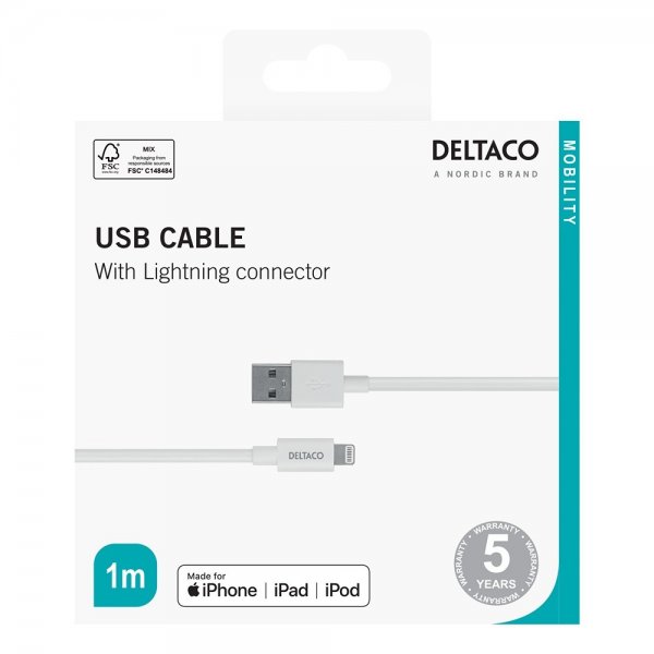 Deltaco Kabel USB-A-kabel med Lightning-stik 1m Hvid